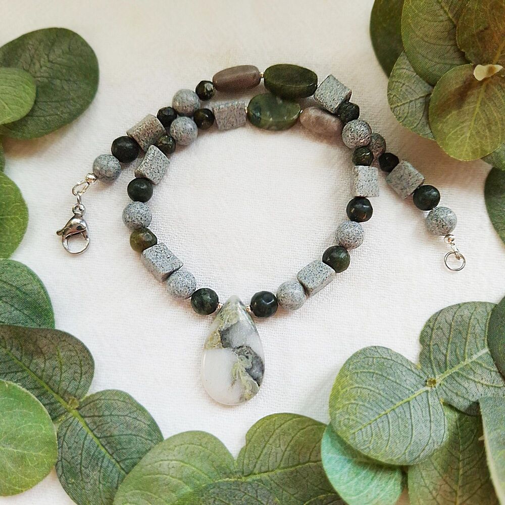 Earth Jasper Boho Pendant Necklace: Serpentine Feldspar Stone Beaded Choker